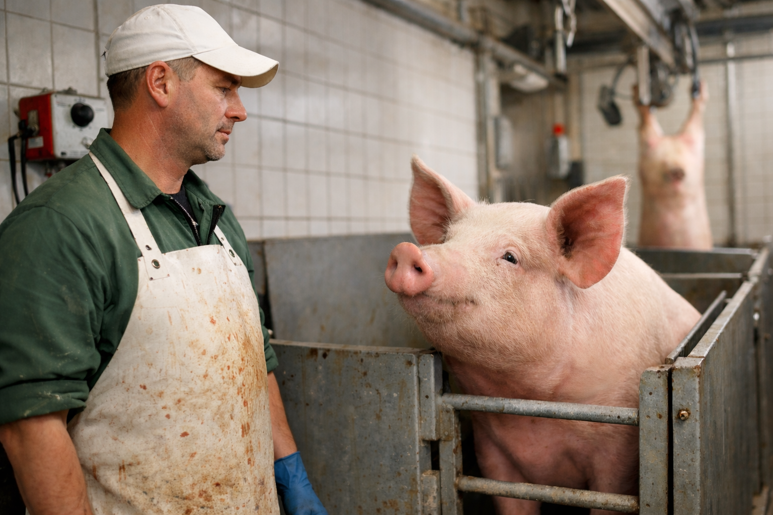 Schlachter und Schwein im Schlachthof