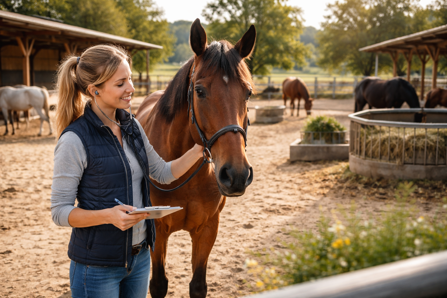 Frau mit Pferd auf einem Pferdehof